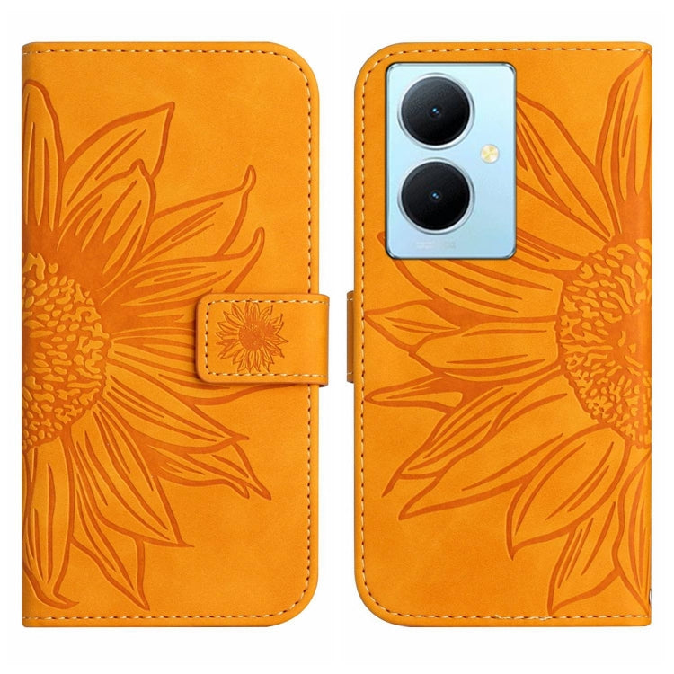 For vivo Y78+ Skin Feel Sun Flower Embossed Flip Leather Phone Case with Lanyard