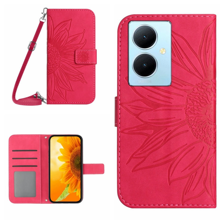 For vivo Y78+ Skin Feel Sun Flower Embossed Flip Leather Phone Case with Lanyard