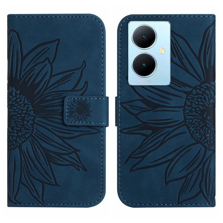 For vivo Y78+ Skin Feel Sun Flower Embossed Flip Leather Phone Case with Lanyard
