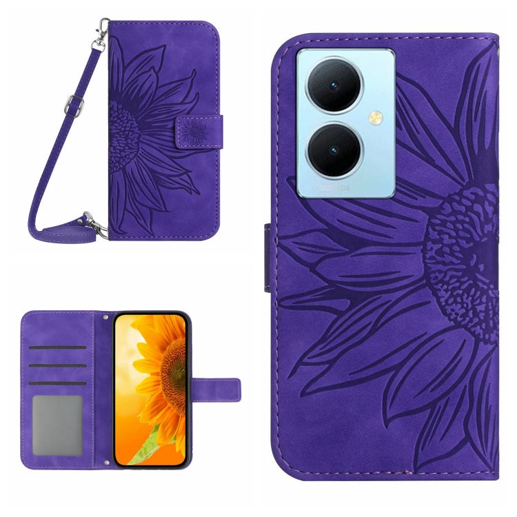 For vivo Y78+ Skin Feel Sun Flower Embossed Flip Leather Phone Case with Lanyard