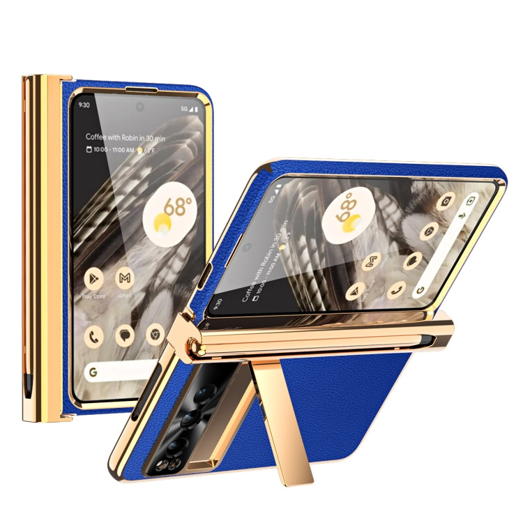 For Google Pixel Fold Litchi Pattern Electroplating Pen Slot Double Hinge Folding Phone Case with Stylus