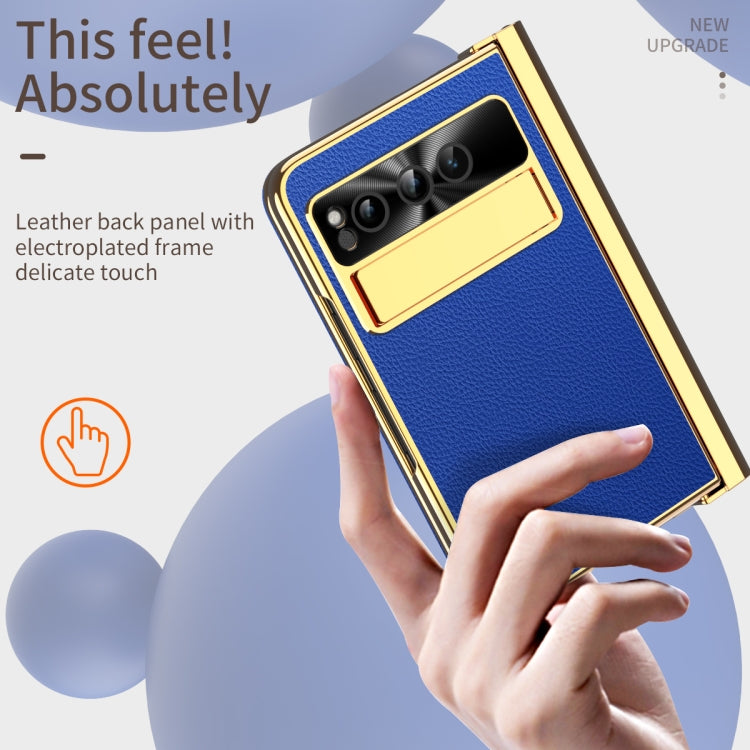 For Google Pixel Fold Litchi Pattern Electroplating Pen Slot Double Hinge Folding Phone Case with Stylus