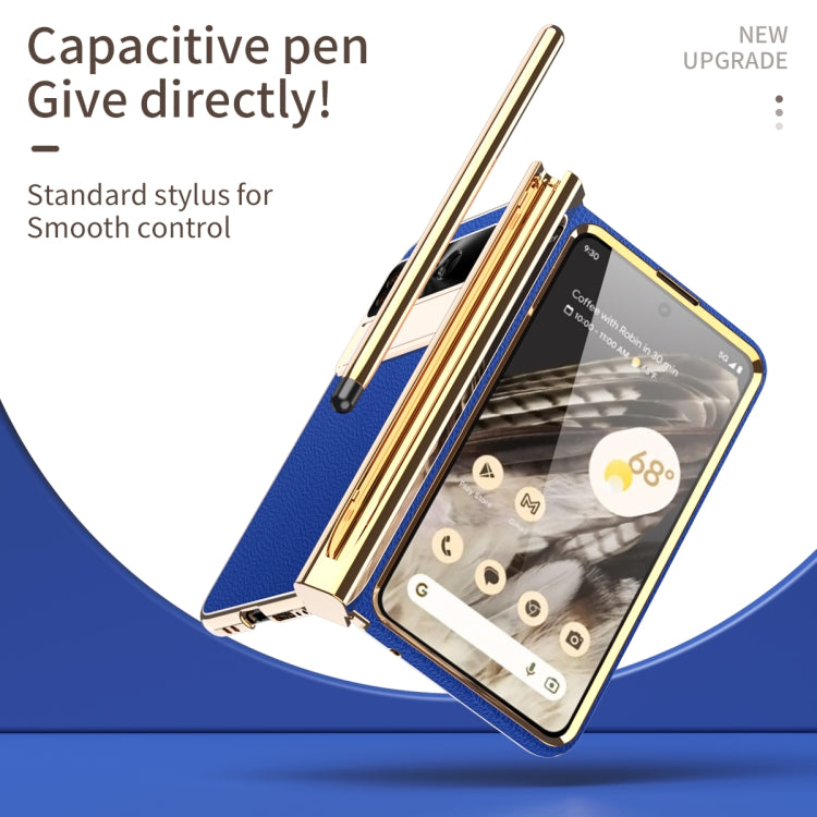For Google Pixel Fold Litchi Pattern Electroplating Pen Slot Double Hinge Folding Phone Case with Stylus