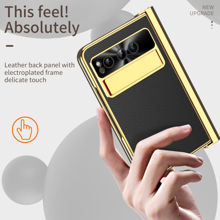 For Google Pixel Fold Litchi Pattern Electroplating Pen Slot Double Hinge Folding Phone Case with Stylus