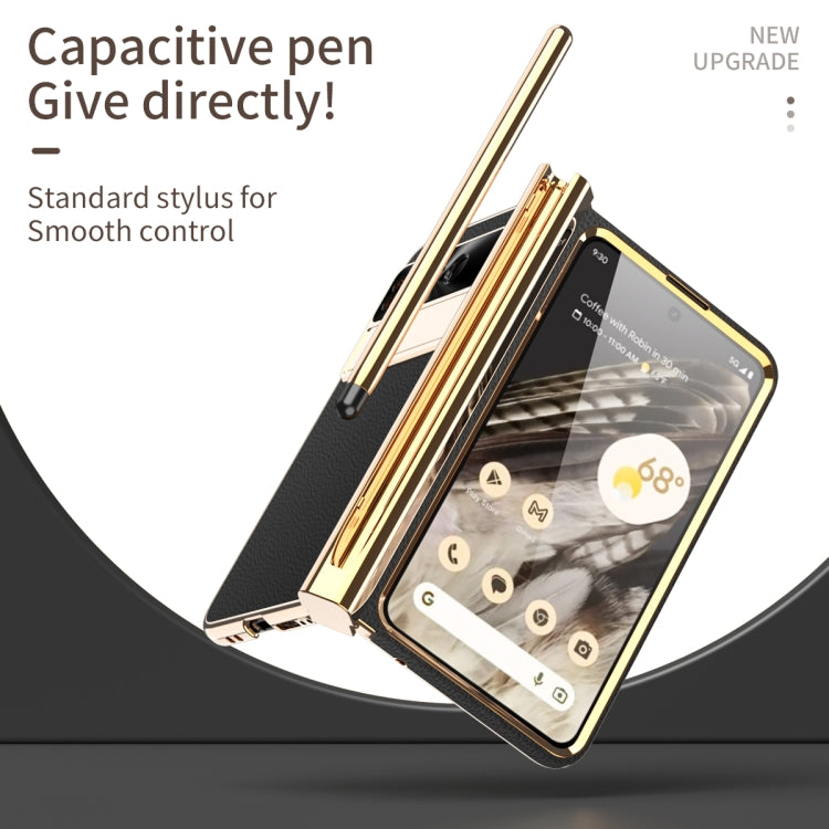 For Google Pixel Fold Litchi Pattern Electroplating Pen Slot Double Hinge Folding Phone Case with Stylus