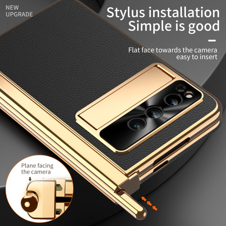 For Google Pixel Fold Litchi Pattern Electroplating Pen Slot Double Hinge Folding Phone Case with Stylus