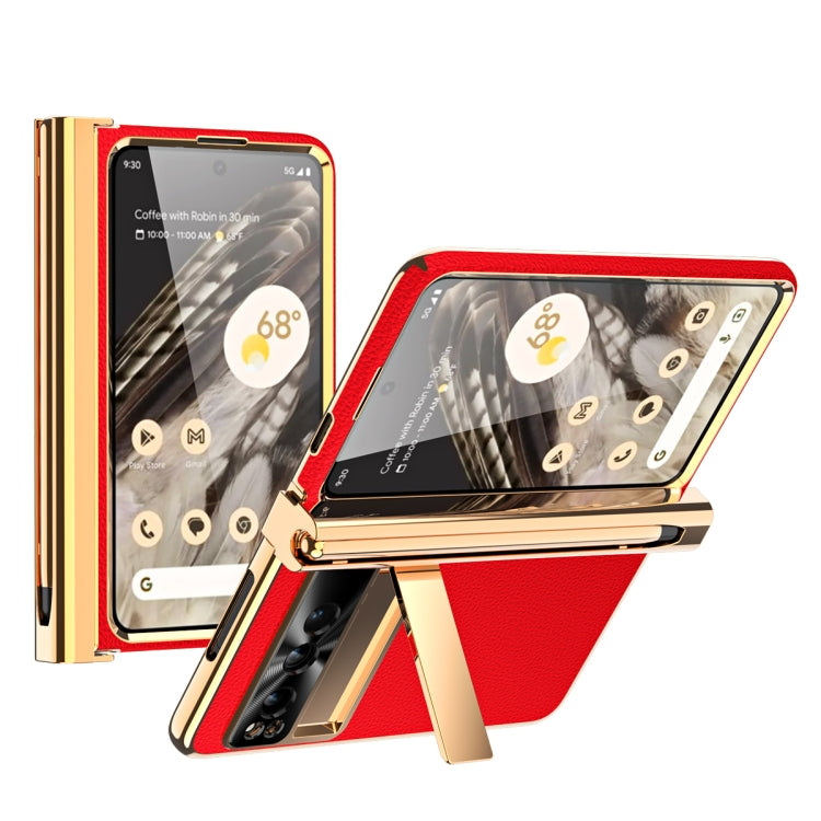 For Google Pixel Fold Litchi Pattern Electroplating Pen Slot Double Hinge Folding Phone Case with Stylus