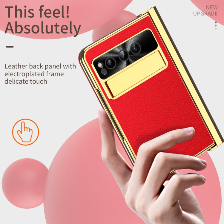 For Google Pixel Fold Litchi Pattern Electroplating Pen Slot Double Hinge Folding Phone Case with Stylus