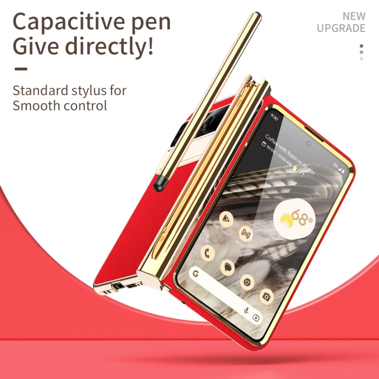 For Google Pixel Fold Litchi Pattern Electroplating Pen Slot Double Hinge Folding Phone Case with Stylus