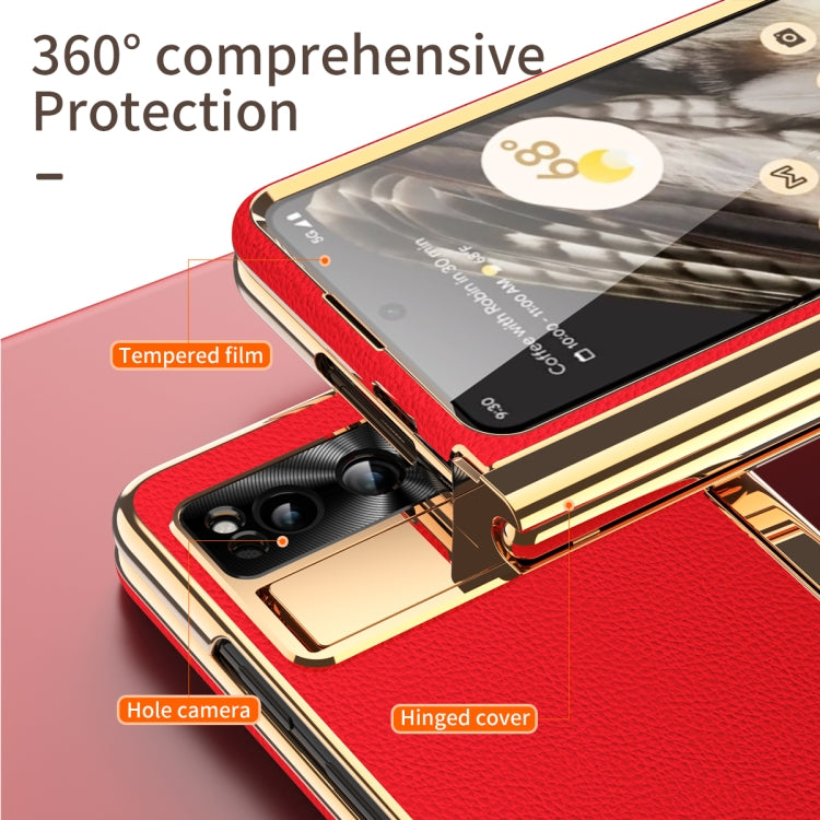 For Google Pixel Fold Litchi Pattern Electroplating Pen Slot Double Hinge Folding Phone Case with Stylus