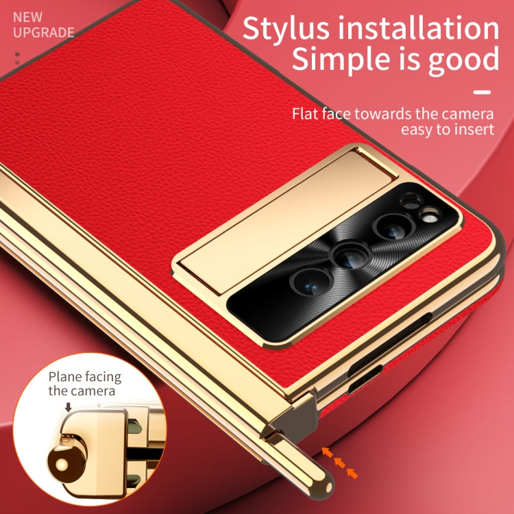 For Google Pixel Fold Litchi Pattern Electroplating Pen Slot Double Hinge Folding Phone Case with Stylus