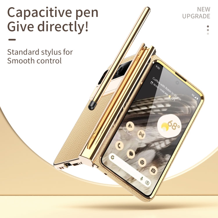 For Google Pixel Fold Litchi Pattern Electroplating Pen Slot Double Hinge Folding Phone Case with Stylus