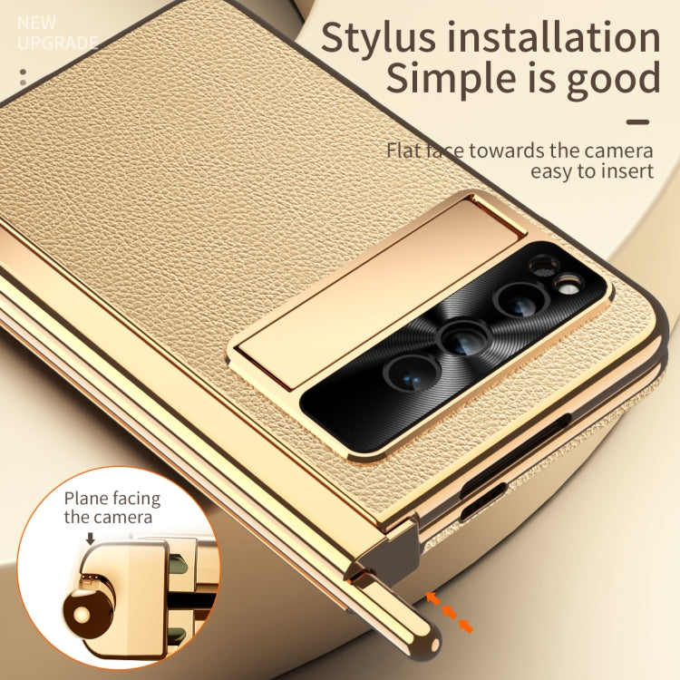 For Google Pixel Fold Litchi Pattern Electroplating Pen Slot Double Hinge Folding Phone Case with Stylus