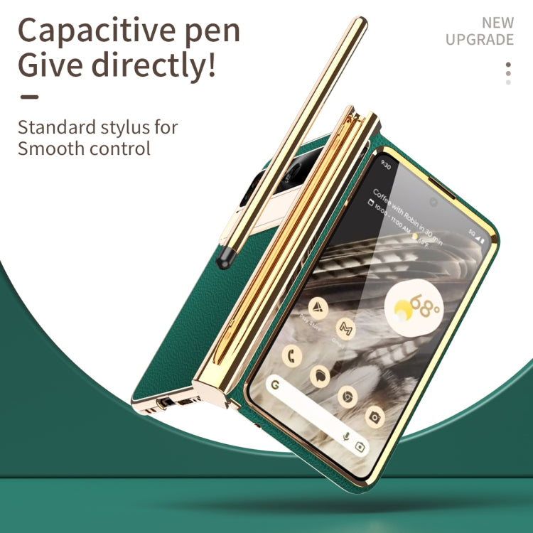 For Google Pixel Fold Litchi Pattern Electroplating Pen Slot Double Hinge Folding Phone Case with Stylus