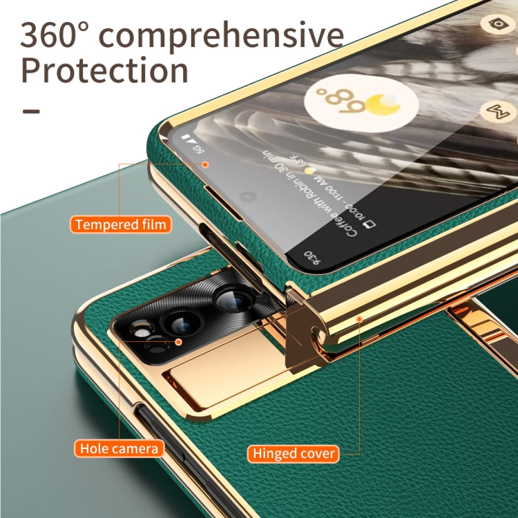 For Google Pixel Fold Litchi Pattern Electroplating Pen Slot Double Hinge Folding Phone Case with Stylus