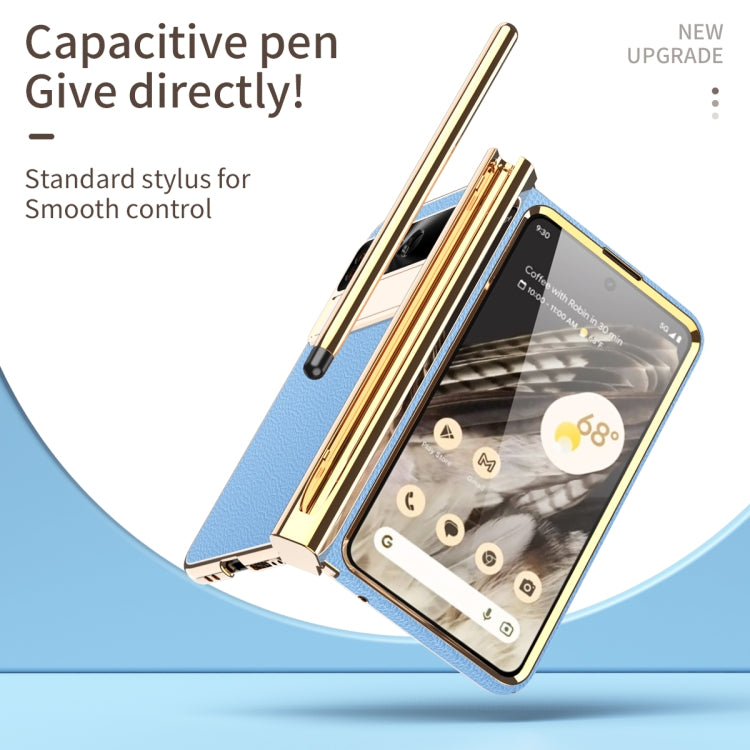 For Google Pixel Fold Litchi Pattern Electroplating Pen Slot Double Hinge Folding Phone Case with Stylus