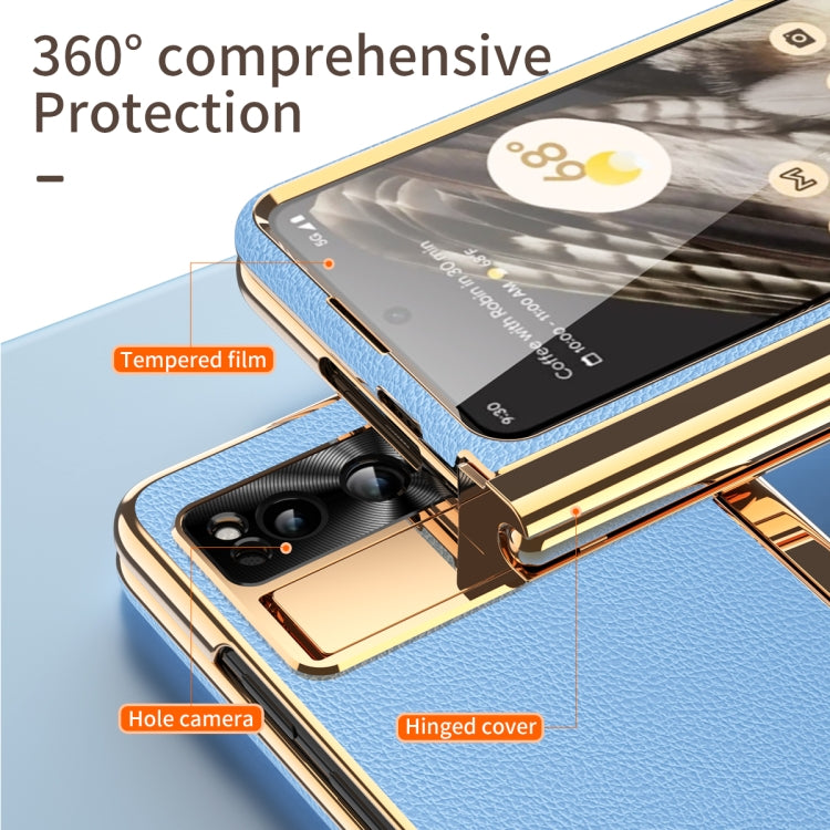 For Google Pixel Fold Litchi Pattern Electroplating Pen Slot Double Hinge Folding Phone Case with Stylus