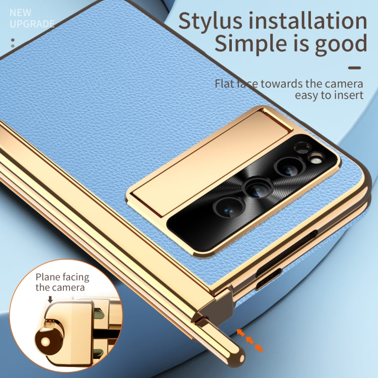 For Google Pixel Fold Litchi Pattern Electroplating Pen Slot Double Hinge Folding Phone Case with Stylus
