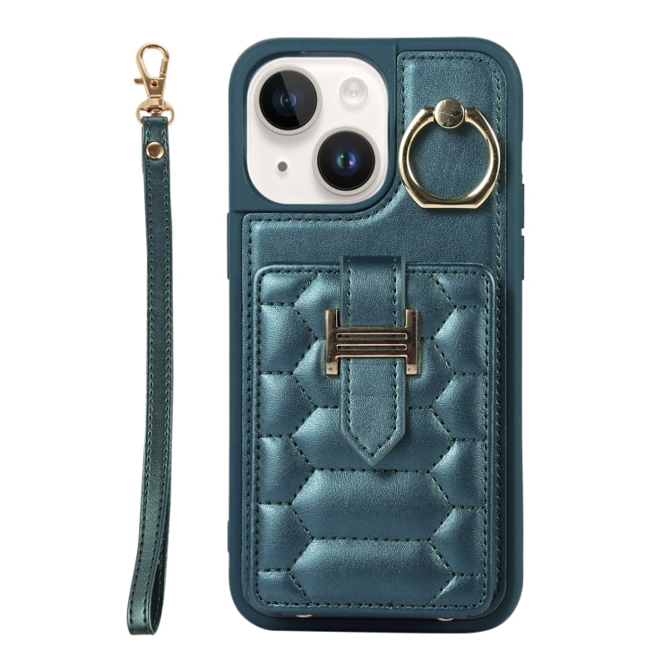 For iPhone 14 Plus Vertical Card Bag Ring Holder Phone Case with Dual Lanyard