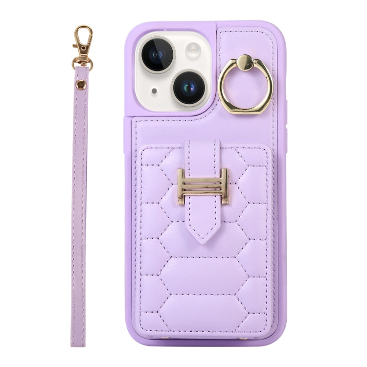 For iPhone 14 Plus Vertical Card Bag Ring Holder Phone Case with Dual Lanyard