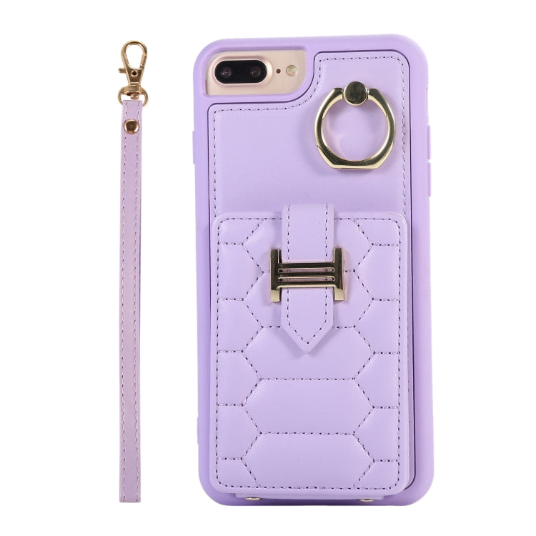 For iPhone 8 Plus / 7 Plus Vertical Card Bag Ring Holder Phone Case with Dual Lanyard(Purple)