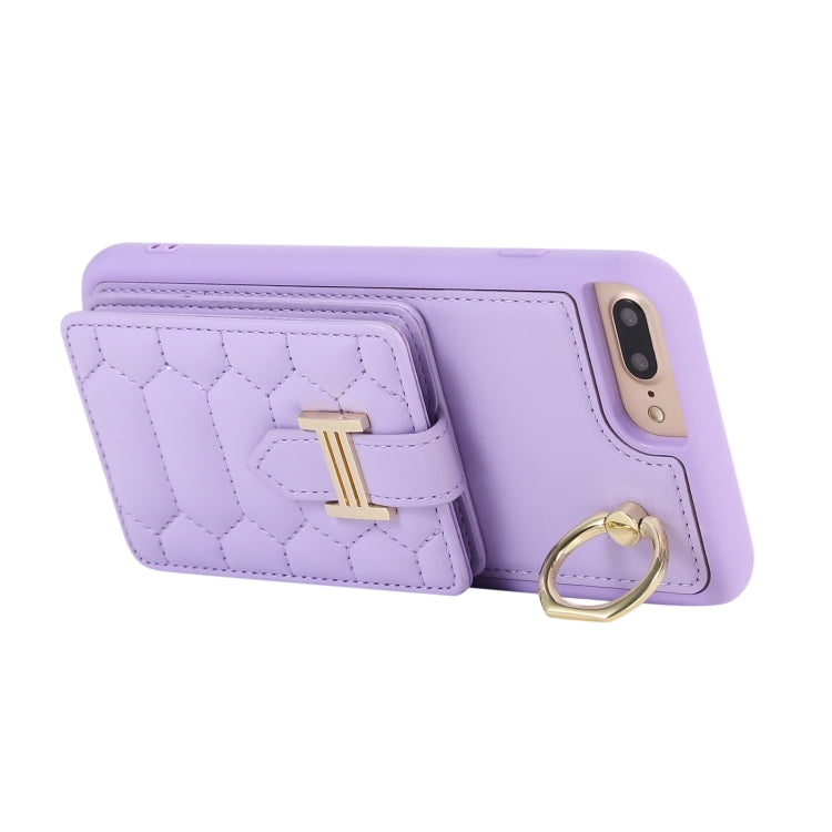 For iPhone 8 Plus / 7 Plus Vertical Card Bag Ring Holder Phone Case with Dual Lanyard(Purple)