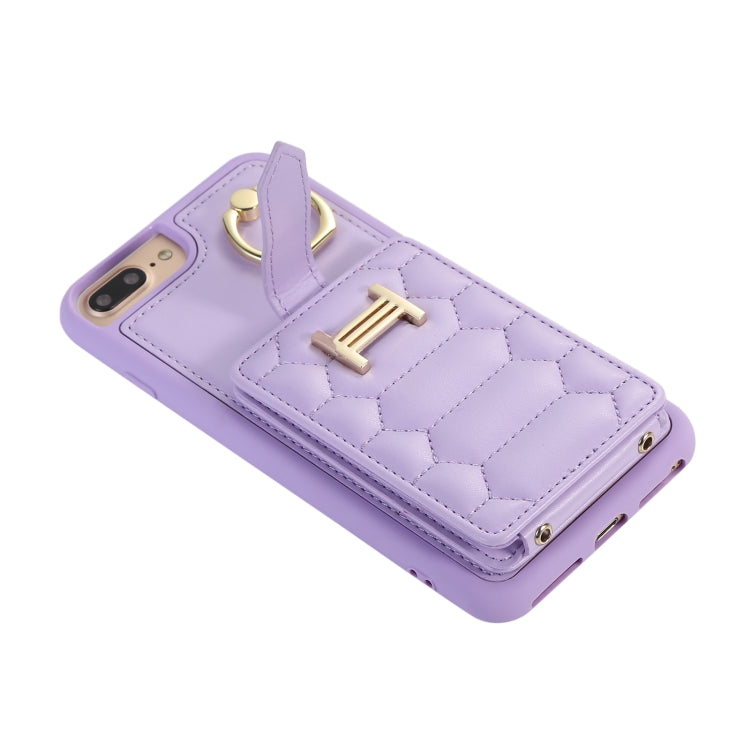 For iPhone 8 Plus / 7 Plus Vertical Card Bag Ring Holder Phone Case with Dual Lanyard(Purple)