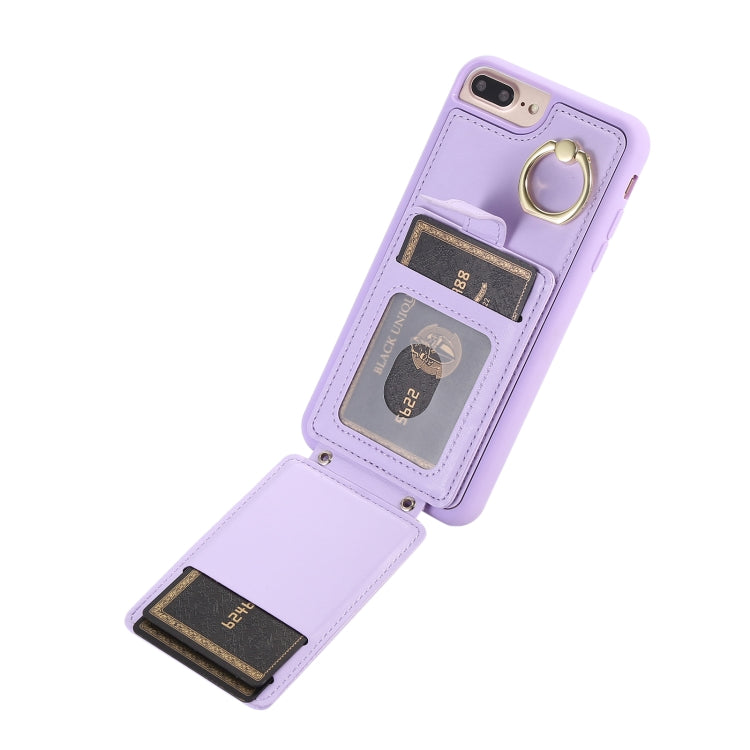 For iPhone 8 Plus / 7 Plus Vertical Card Bag Ring Holder Phone Case with Dual Lanyard(Purple)