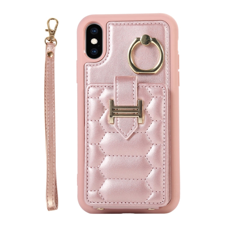 For iPhone XS Vertical Card Bag Ring Holder Phone Case with Dual Lanyard