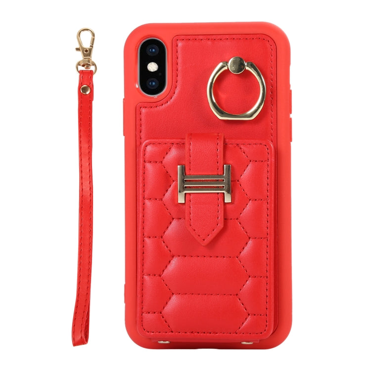 For iPhone XS Vertical Card Bag Ring Holder Phone Case with Dual Lanyard