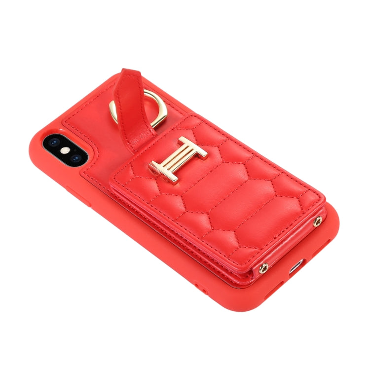 For iPhone XS Vertical Card Bag Ring Holder Phone Case with Dual Lanyard