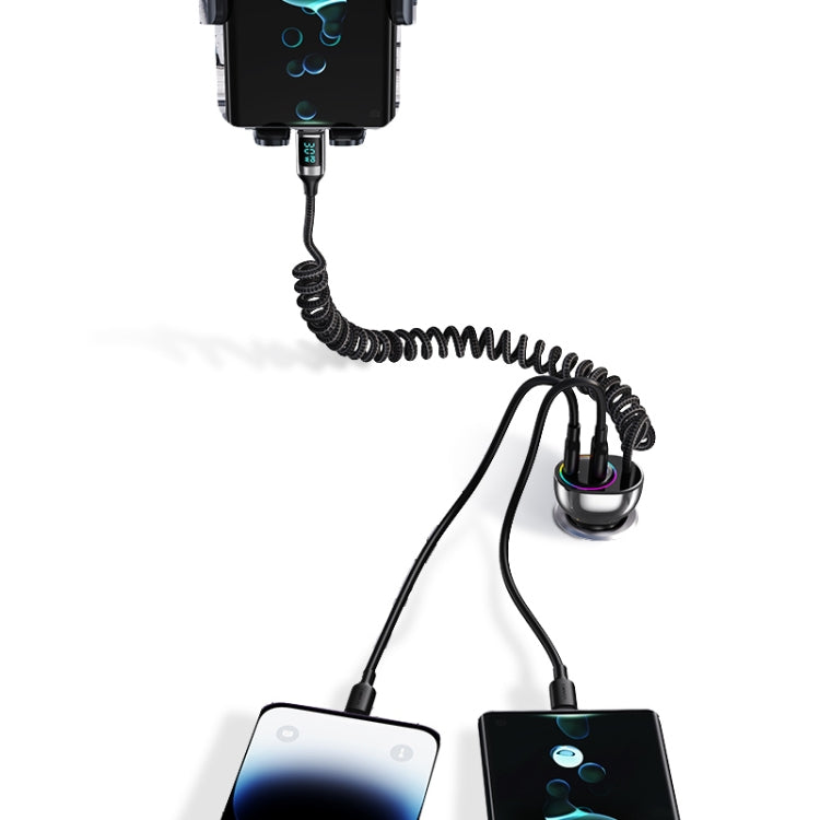 USAMS US-CC192 C37 60W Type-C+USB Dual Port Car Charger with Digital Display 30W Type-C Spring Data Cable(Tarnish)