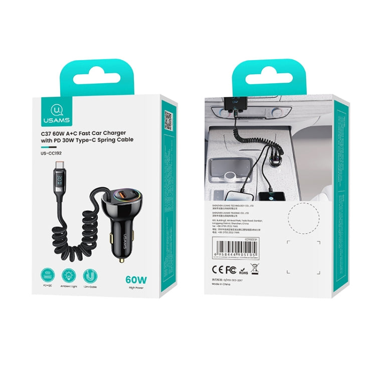 USAMS US-CC192 C37 60W Type-C+USB Dual Port Car Charger with Digital Display 30W Type-C Spring Data Cable(Tarnish)