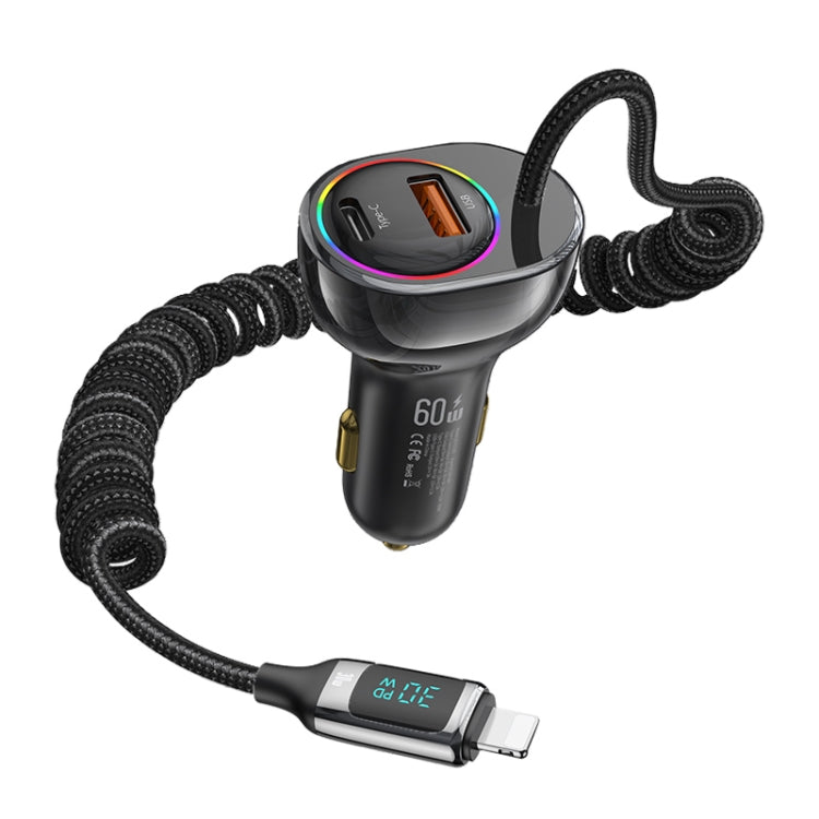USAMS US-CC193 C37 60W Type-C+USB Dual Port Car Charger with Digital Display 30W 8 Pin Spring Data Cable(Tarnish)