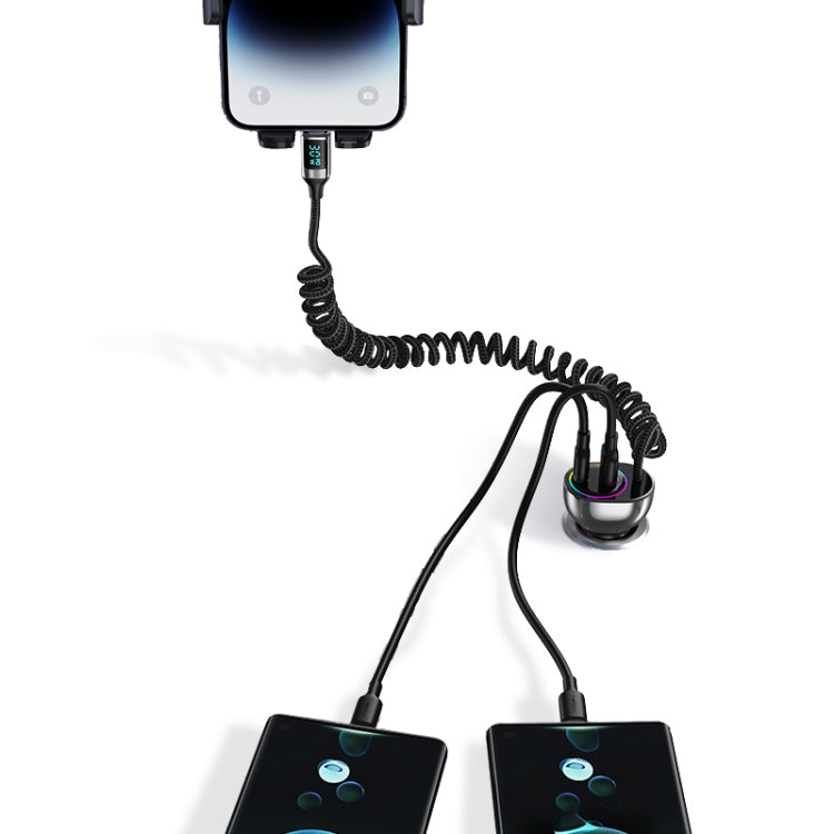 USAMS US-CC193 C37 60W Type-C+USB Dual Port Car Charger with Digital Display 30W 8 Pin Spring Data Cable(Tarnish)