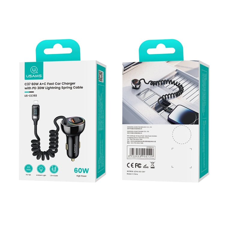 USAMS US-CC193 C37 60W Type-C+USB Dual Port Car Charger with Digital Display 30W 8 Pin Spring Data Cable(Tarnish)