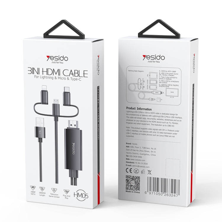 Yesido HM05 3 in 1 8 Pin / Micro USB / USB-C to HDMI Adapter Cable, Length:1.8m