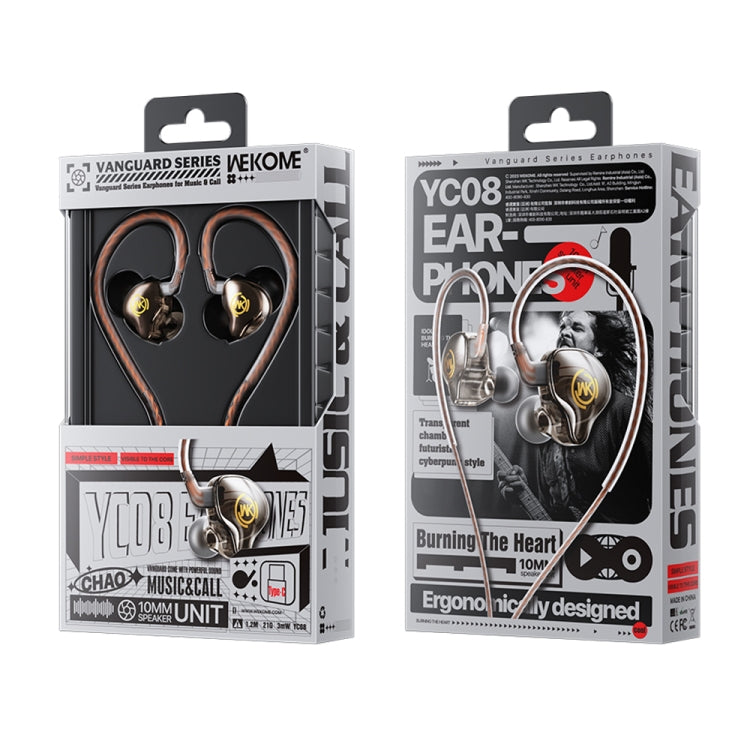 WK YC08 USB-C/Type-C Transparent Music Call Wired Earphone, Length: 1.2m(Black)