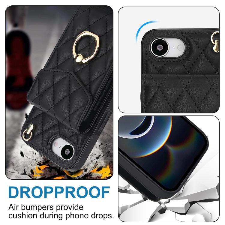 For iPhone 17e / 16e Rhombic Texture Card Bag Phone Case with Long Lanyard