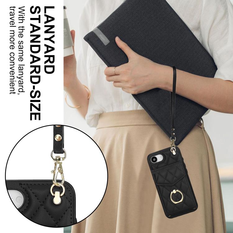 For iPhone 17e / 16e Rhombic Texture Card Bag Phone Case with Long Lanyard