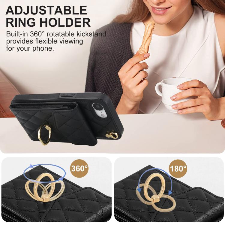 For iPhone 17e / 16e Rhombic Texture Card Bag Phone Case with Long Lanyard