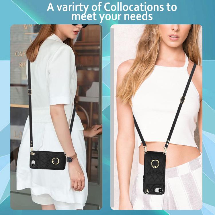 For iPhone 17e / 16e Rhombic Texture Card Bag Phone Case with Long Lanyard