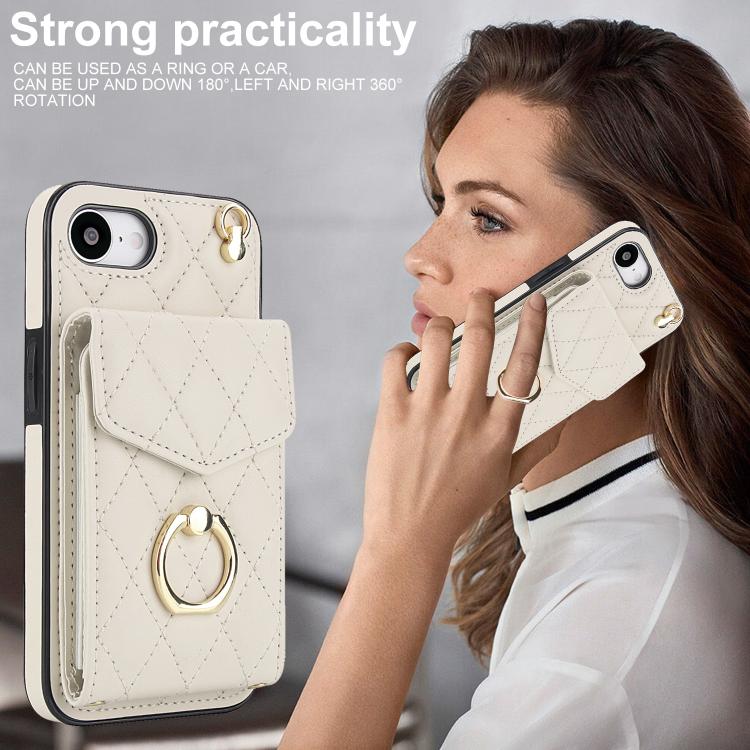 For iPhone 17e / 16e Rhombic Texture Card Bag Phone Case with Long Lanyard