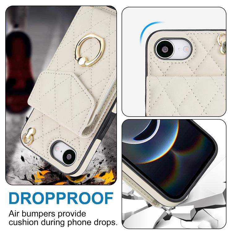 For iPhone 17e / 16e Rhombic Texture Card Bag Phone Case with Long Lanyard