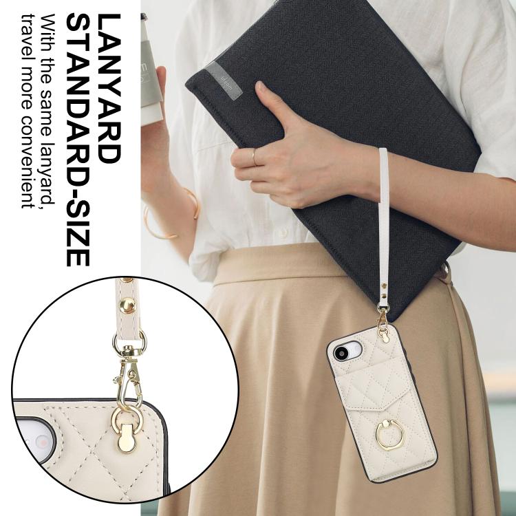 For iPhone 17e / 16e Rhombic Texture Card Bag Phone Case with Long Lanyard