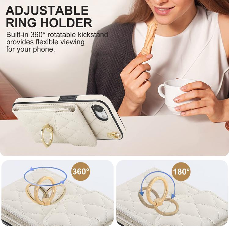 For iPhone 17e / 16e Rhombic Texture Card Bag Phone Case with Long Lanyard