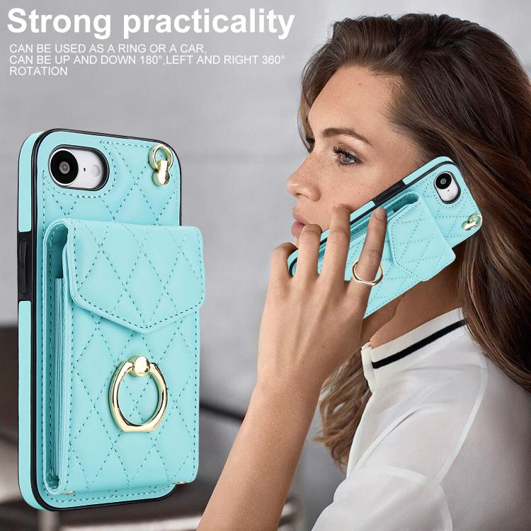 For iPhone 17e / 16e Rhombic Texture Card Bag Phone Case with Long Lanyard