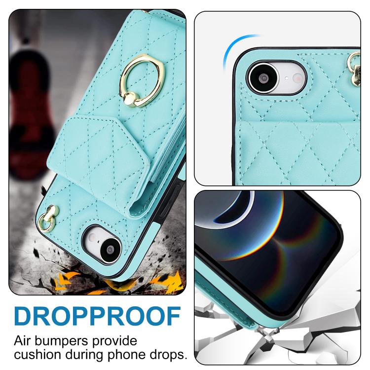 For iPhone 17e / 16e Rhombic Texture Card Bag Phone Case with Long Lanyard