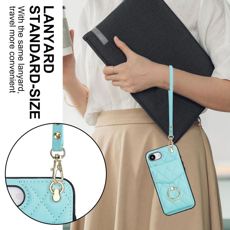 For iPhone 17e / 16e Rhombic Texture Card Bag Phone Case with Long Lanyard