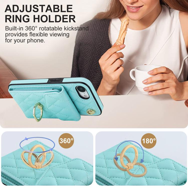 For iPhone 17e / 16e Rhombic Texture Card Bag Phone Case with Long Lanyard